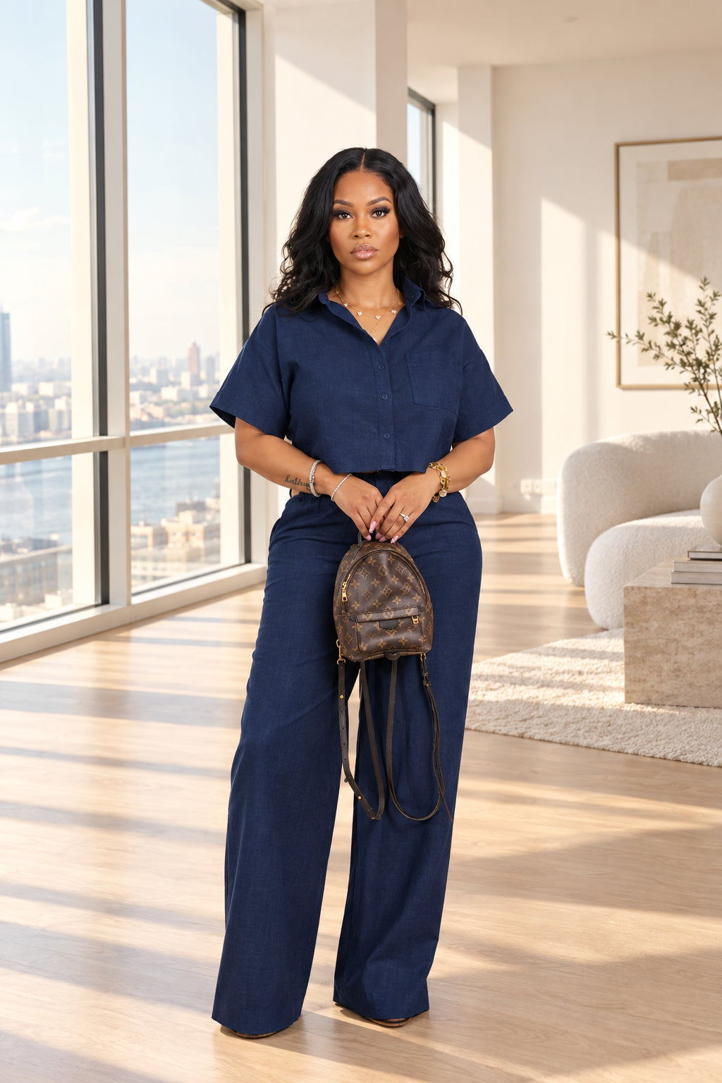 A woman modeling a matching navy blue two-piece set consisting of a short-sleeve collared top and wide-leg pants, holding a brown patterned mini backpack. She is standing in front of a modern wooden slat wall with a potted bougainvillea plant on the left.
