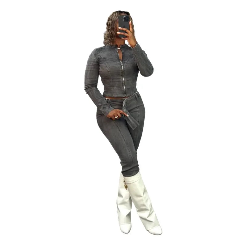 Women's Zip-Up Denim Top & Pants Set
