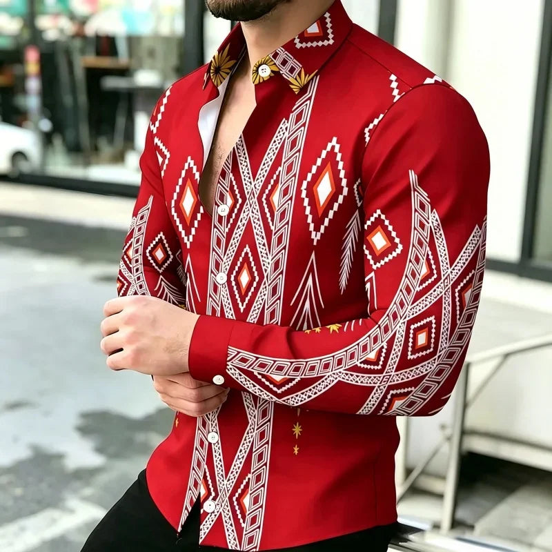 Men's Geometric Print Long-Sleeve Casual T-Shirt