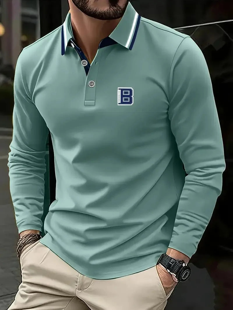 Men's Graphic Print Long-Sleeve Polo Shirt