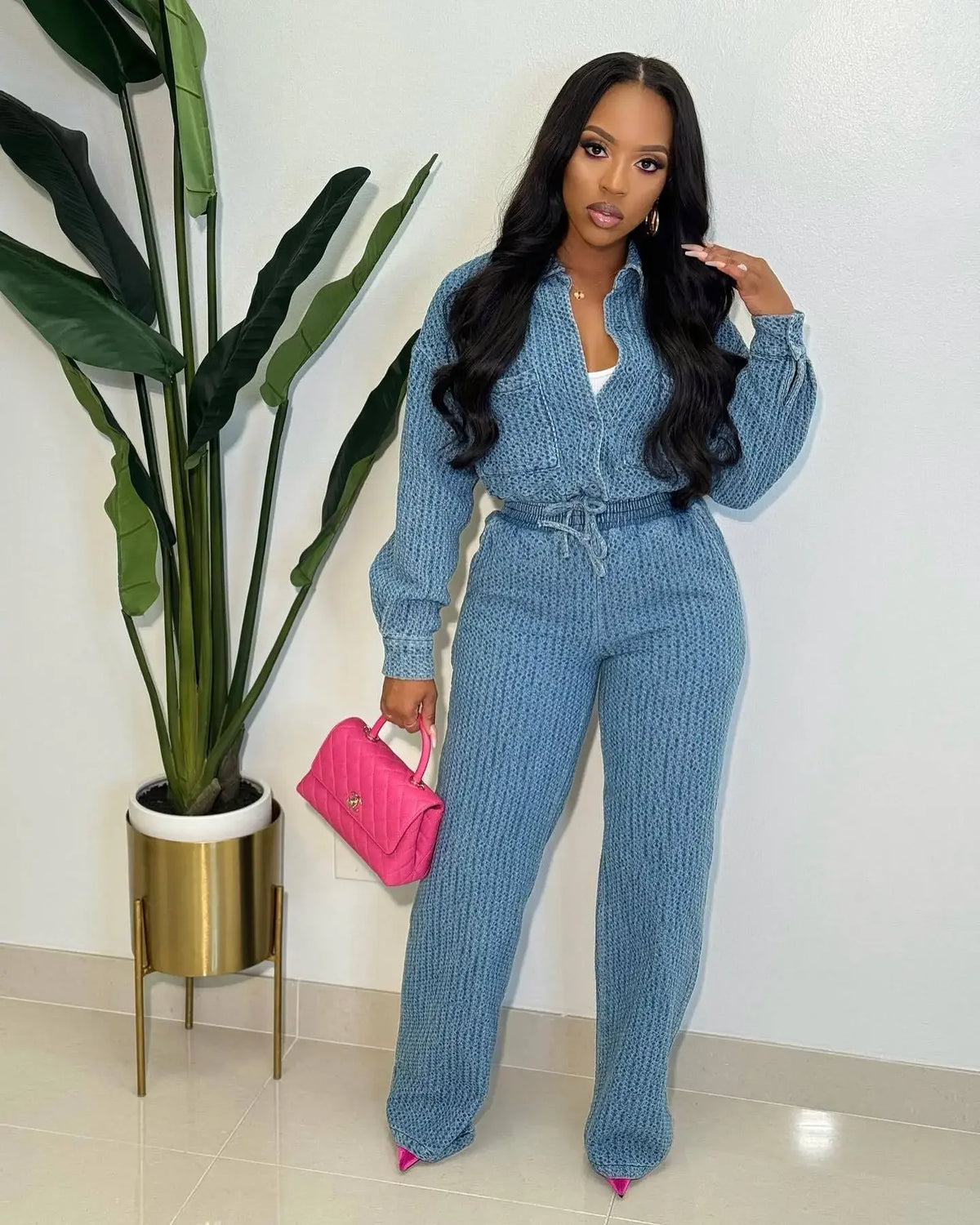 Women's Button-Front Denim Jacket & Wide-Leg Jeans Set
