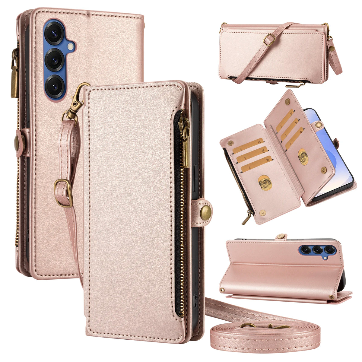 Crossbody Zipper Wallet Phone Case with Stand for Redmi Note 11S, Redmi Note 10 5G, Redmi Note 10 4G, Redmi Note 10S, Redmi Note 9 Pro, Redmi Note 9, Redmi Note 9S, Redmi Note 8 Pro, Redmi Note 8, Redmi Note 15 Pro 5G & More Models