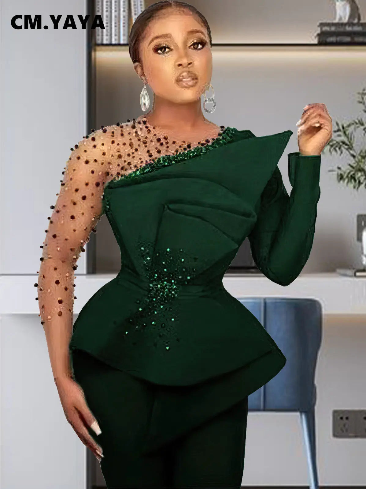 Women's Beaded Mesh Ruffle Blazer & Pants Set
