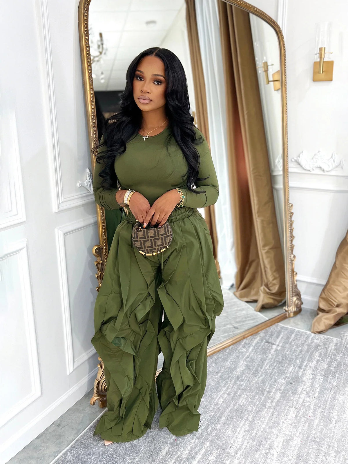 Women's Long-Sleeve Top & Ruffle Pants Set