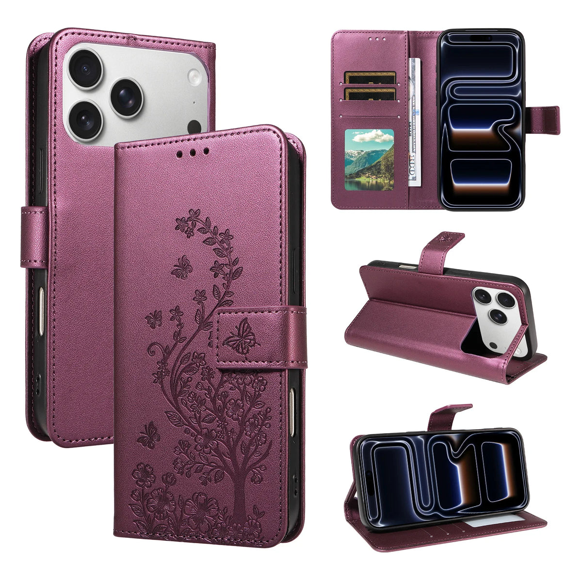 Floral Embossed Flip Wallet Phone Case for iPhone 15 Plus, iPhone 14, iPhone 14 Pro Max, iPhone 14 Plus, iPhone 14 Pro, iPhone 13, iPhone 13 mini, iPhone 13 Pro Max, iPhone 16 Pro, iPhone 16 Plus, iPhone 16, iPhone 16 Pro Max & More Models