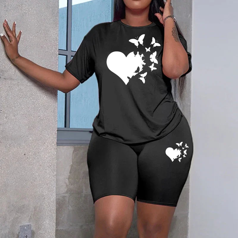 Women's Heart Print Top & Shorts Set