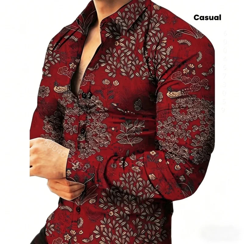 Men's Floral Print Long-Sleeve Casual Shirt