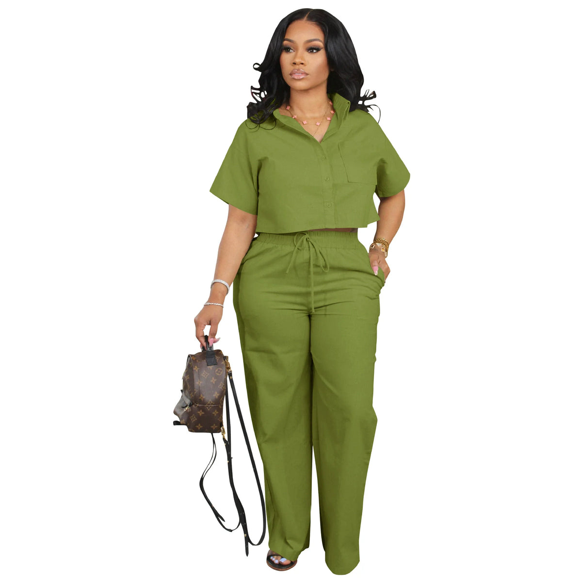 Women's Short-Sleeve Linen Shirt & Wide-Leg Pants Set