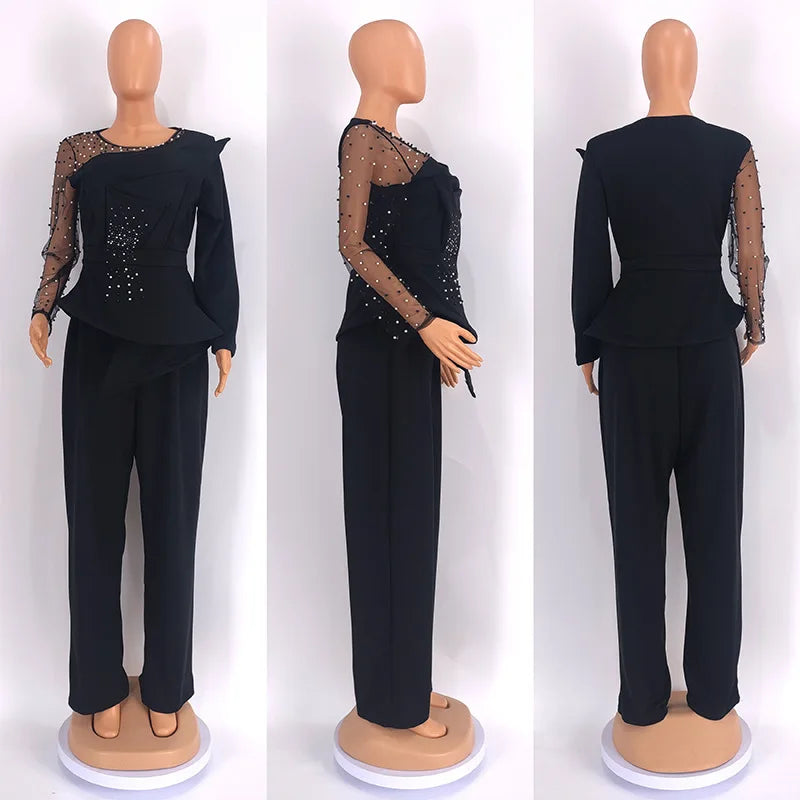 Women's Beaded Mesh Top & Wide-Leg Pants Set