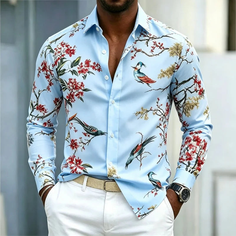 Men's Floral Print Long-Sleeve Casual Shirt