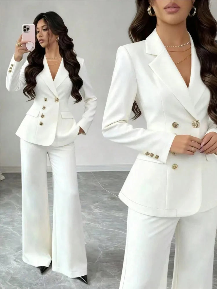 Women's White Blazer & Wide-Leg Pants Set