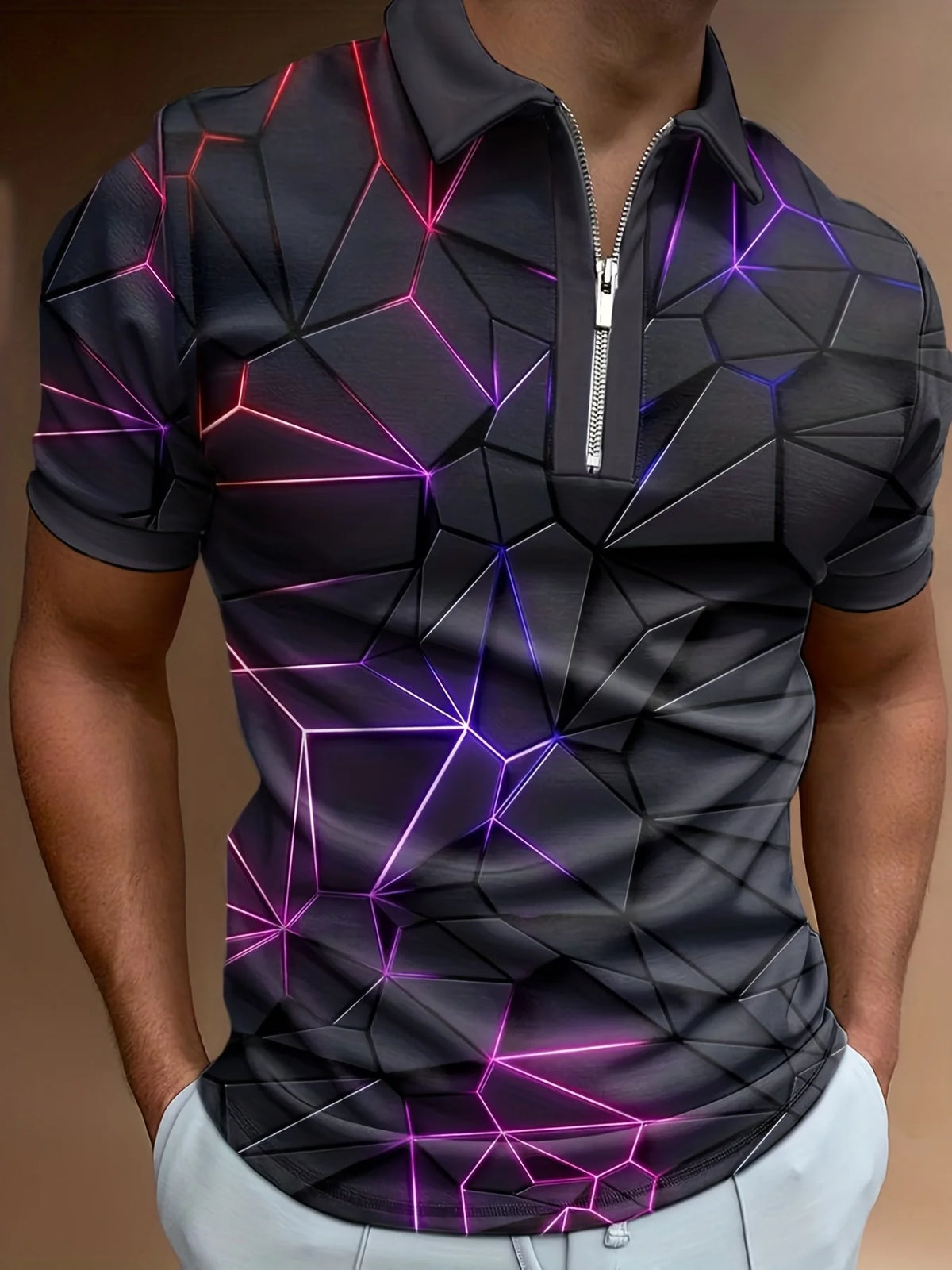 Men's Striped Zip-Neck Polo Shirt