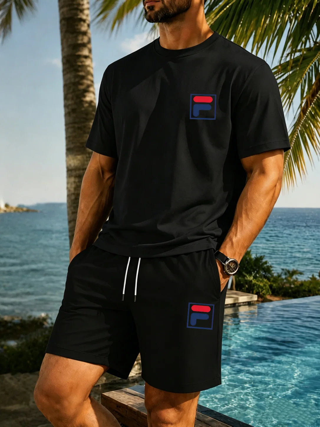Men's Graphic Print Top & Shorts Set