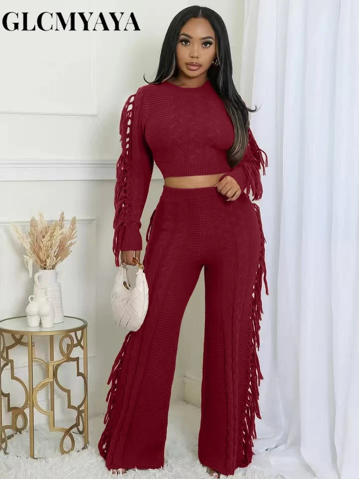 Women's Tassel Knit Sweater & Pants Set