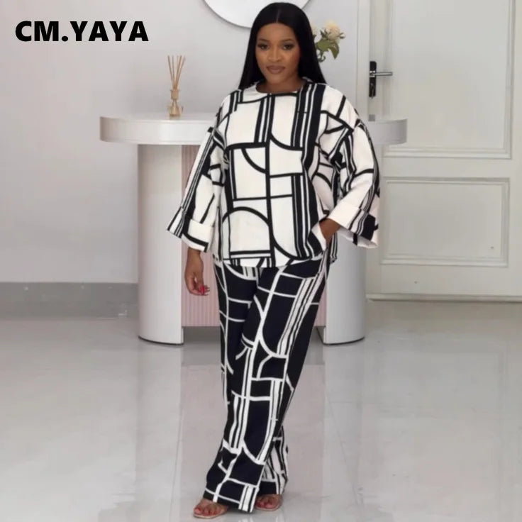 Women's Printed Long-Sleeve Top & Straight-Leg Pants Set