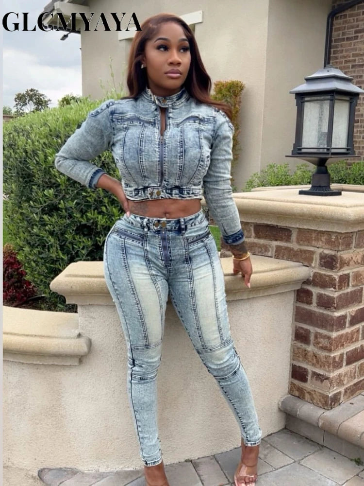 Women's Denim Patchwork Jacket & Fitted Jeans Set