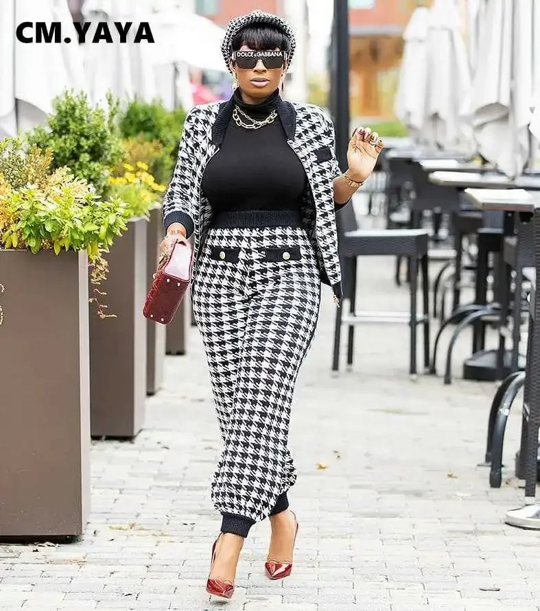 Women's Houndstooth Patchwork Jacket & Pants Set