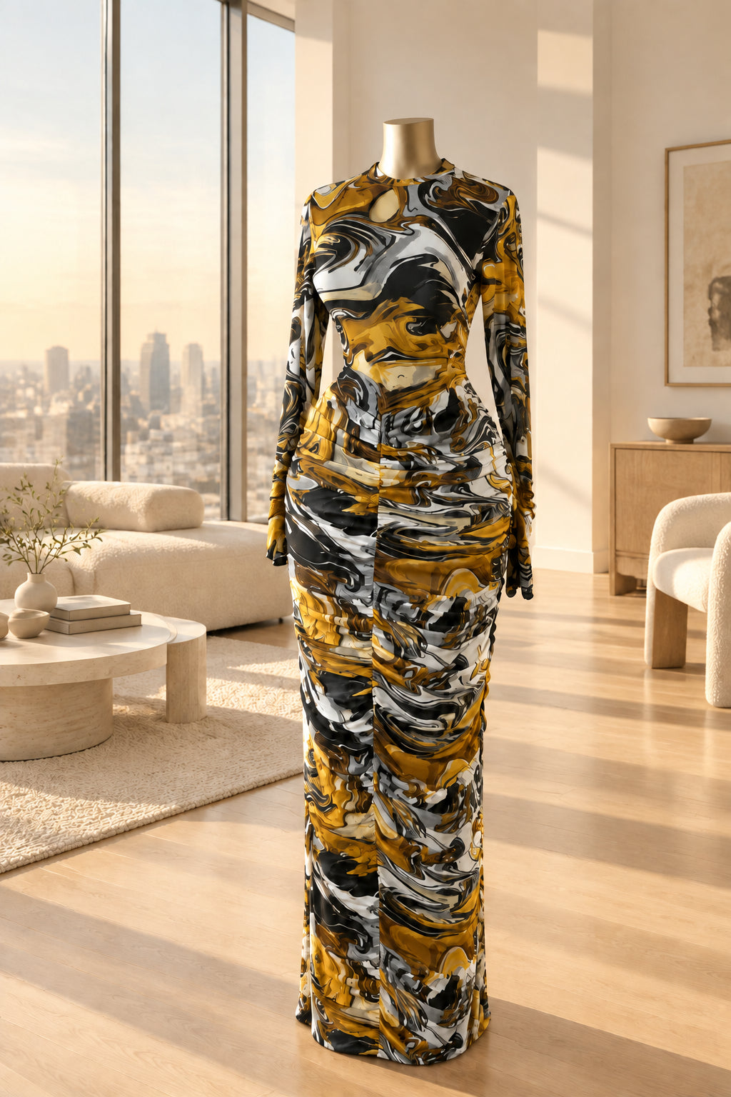 Women's Printed Cutout Ruched Maxi Dress