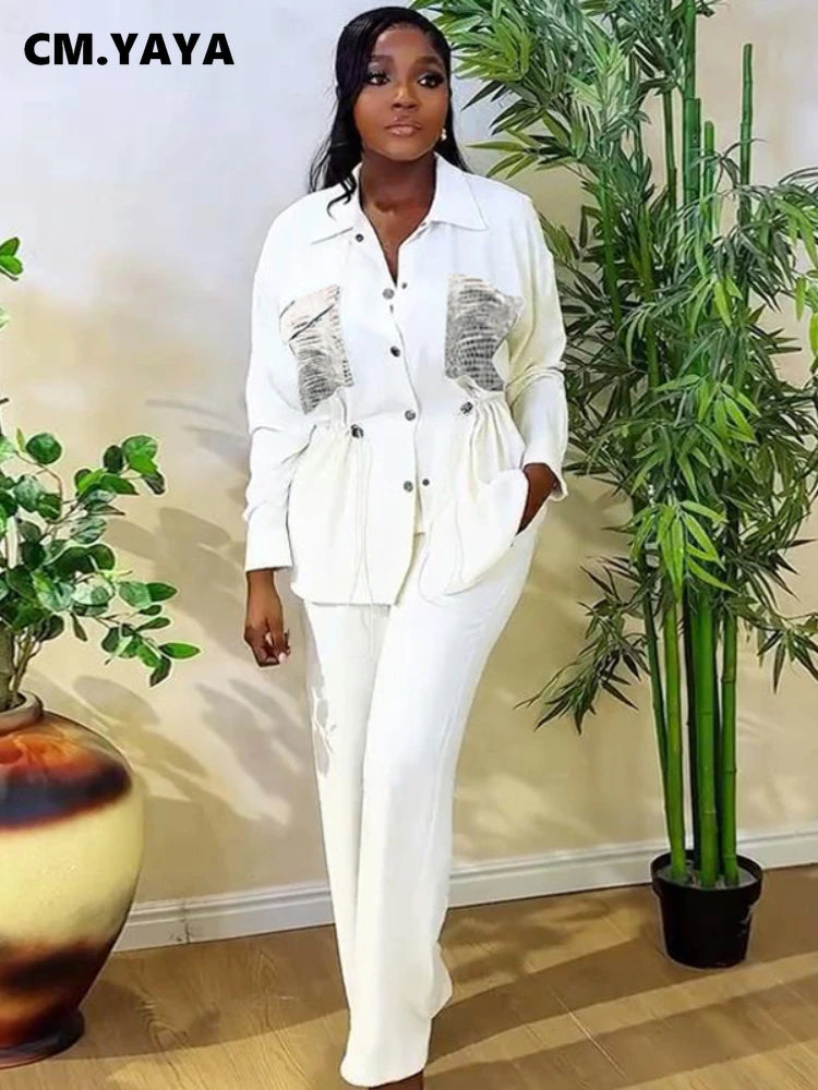 Women's Drawstring Shirt & Wide-Leg Pants Set