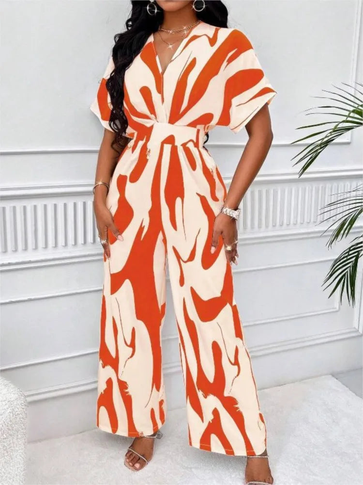 Women's Printed V-Neck Wide-Leg Jumpsuit