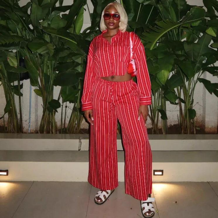 Women's Striped Crop Shirt & Wide-Leg Pants Set