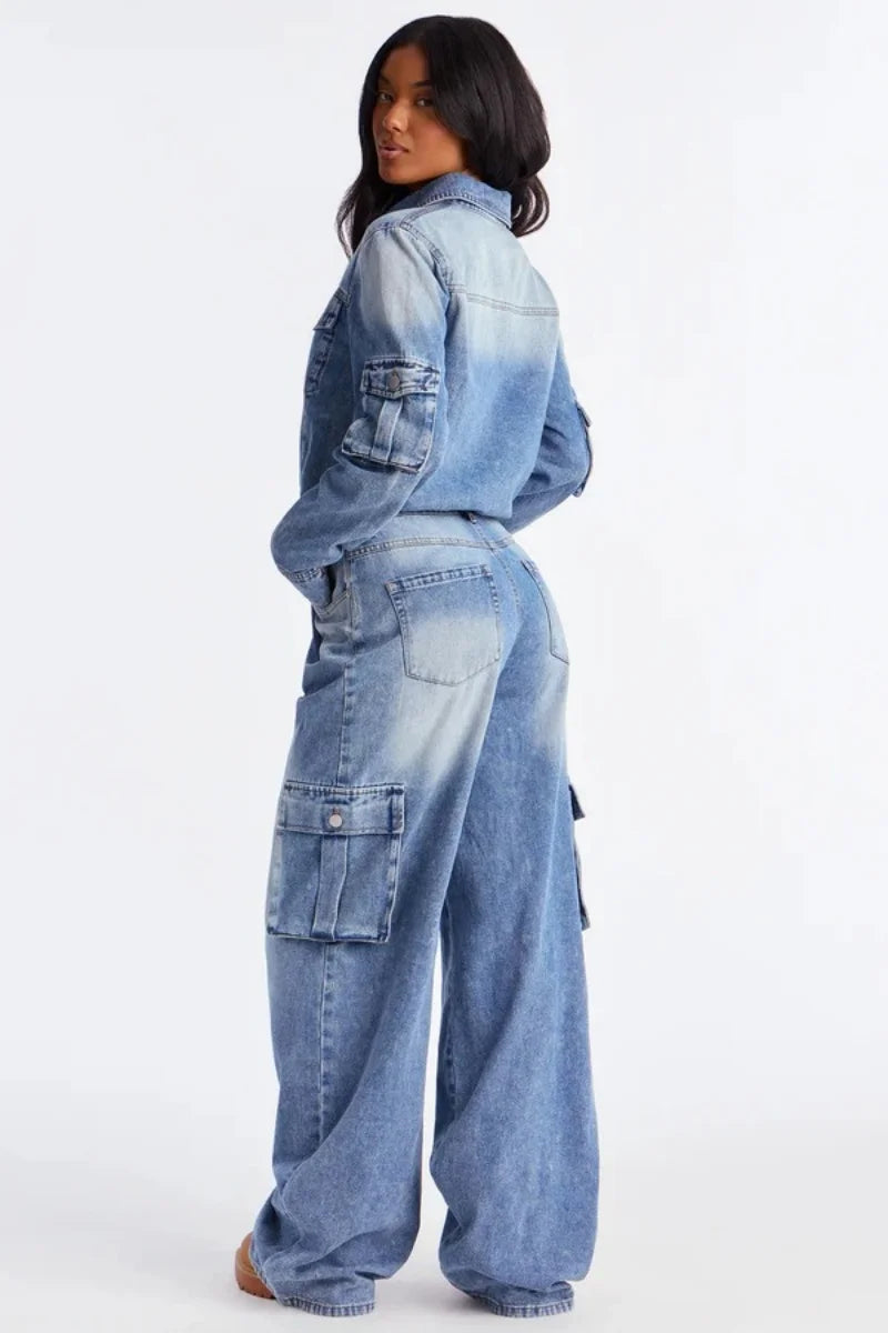 Women's Multi-Pocket Straight-Leg Denim Jumpsuit