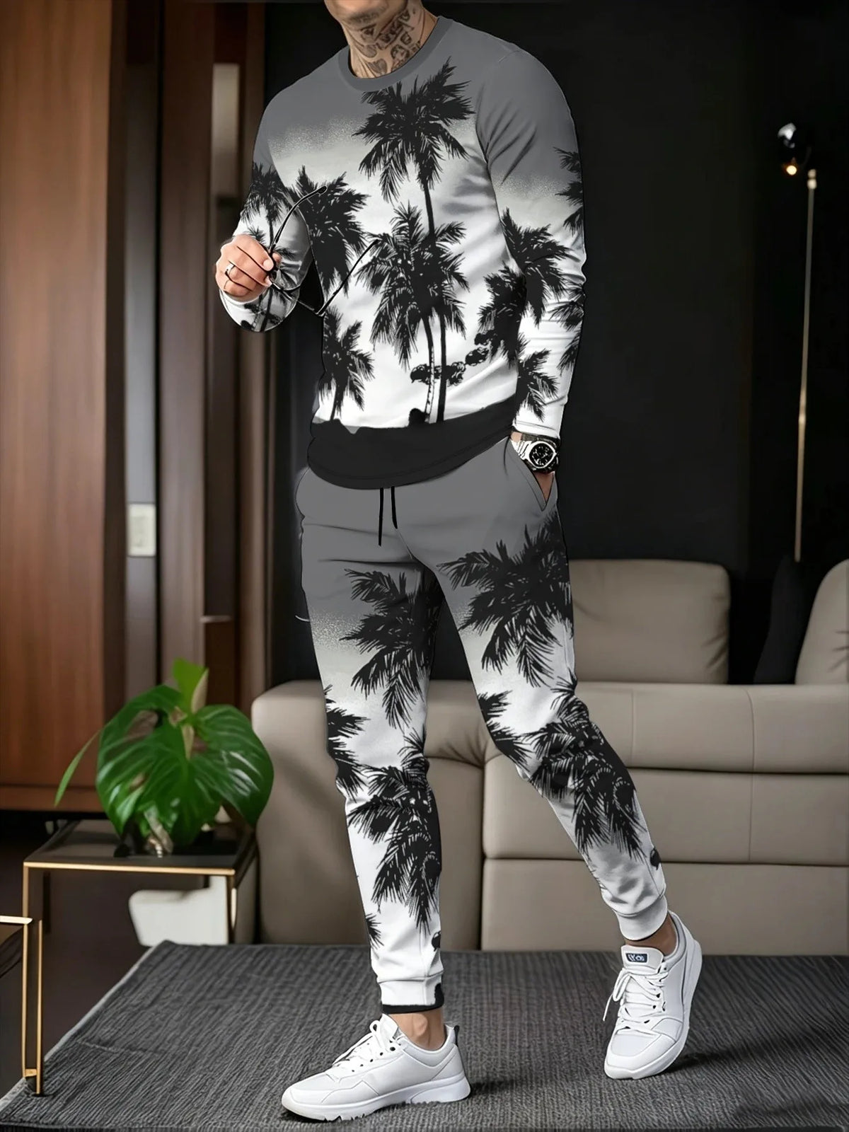Men's Palm Tree Print Crew-Neck Sweatshirt
