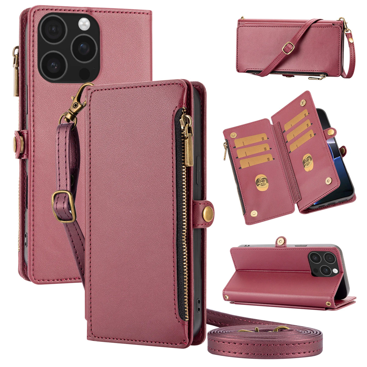 Crossbody Zipper Wallet Phone Case for iPhone 14 Pro Max, iPhone 14 Plus, iPhone 16, iPhone 16 Plus, iPhone 13 Pro Max, iPhone 15 Plus, iPhone 13 Pro, iPhone 14 Pro, iPhone 17 Pro Max, iPhone Air, iPhone 12 mini, iPhone 13 mini & More Models