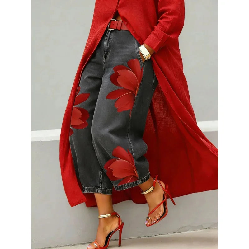 Women's Printed High-Waist Wide-Leg Jeans — product view