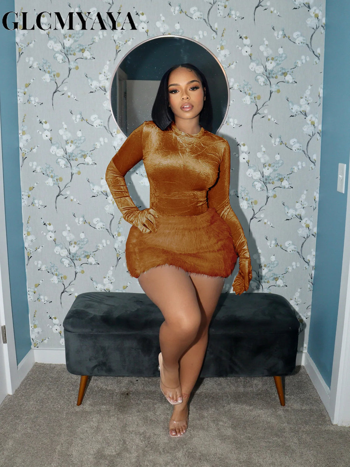 Women's Velvet Top & Fitted Mini Skirt Set