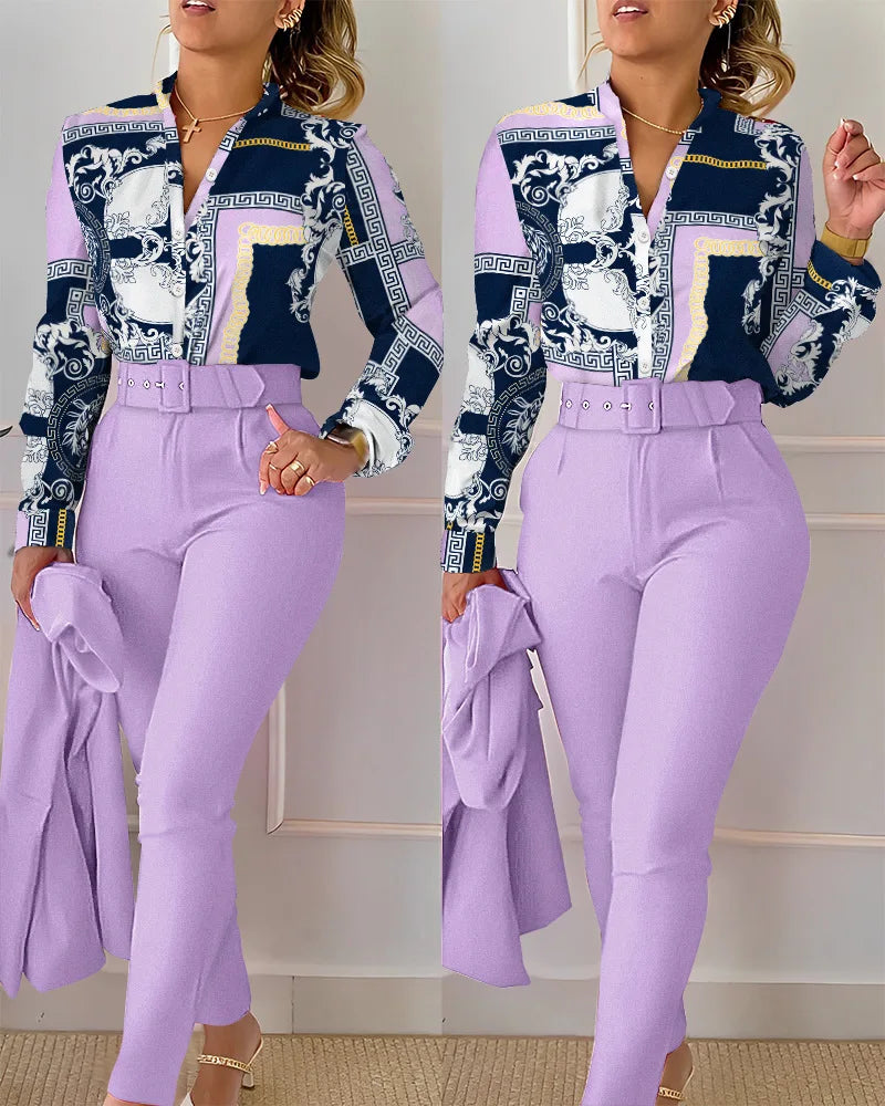 Women's Printed Long-Sleeve Shirt & Pants Set