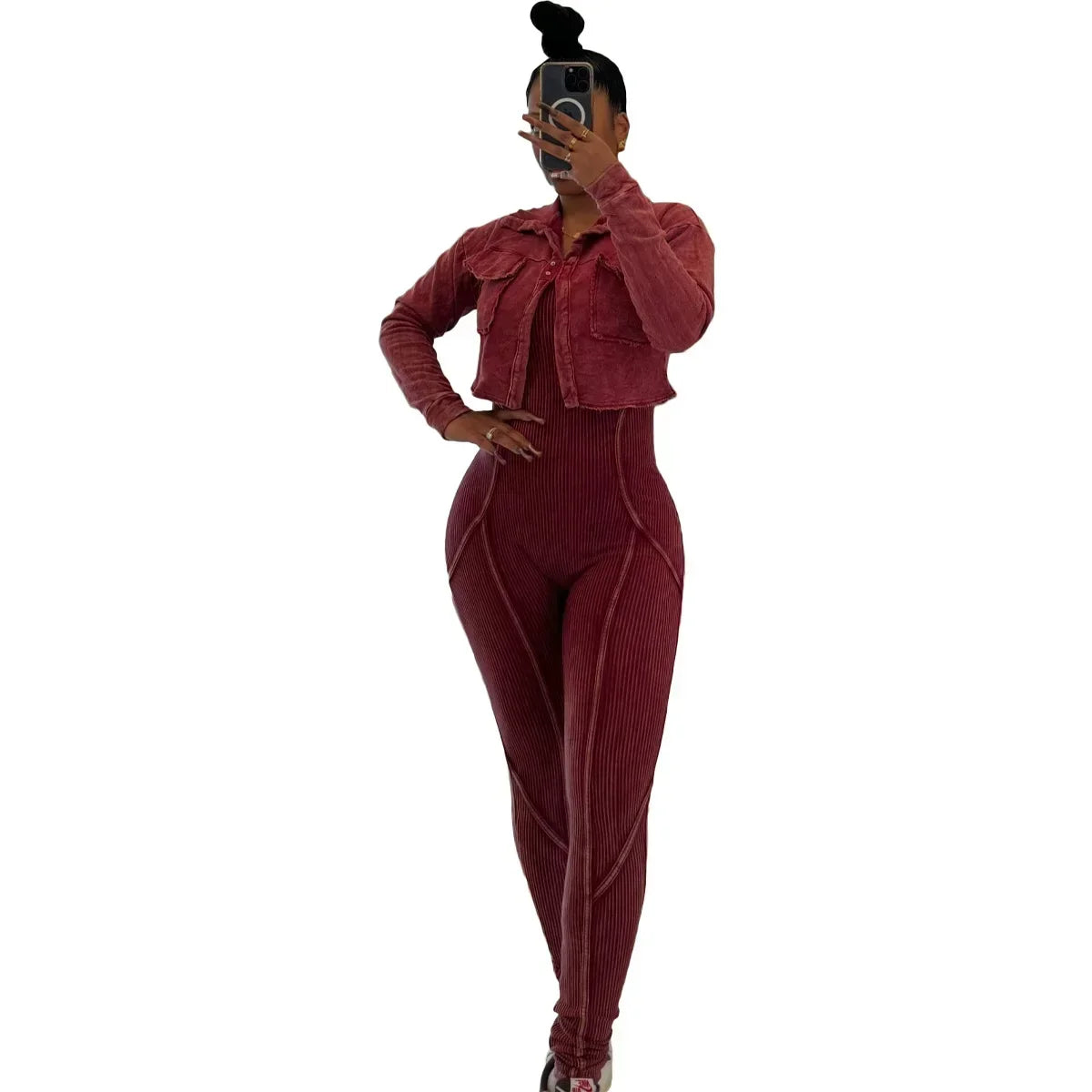 Women's V-Neck Jacket & Fitted Jumpsuit Set