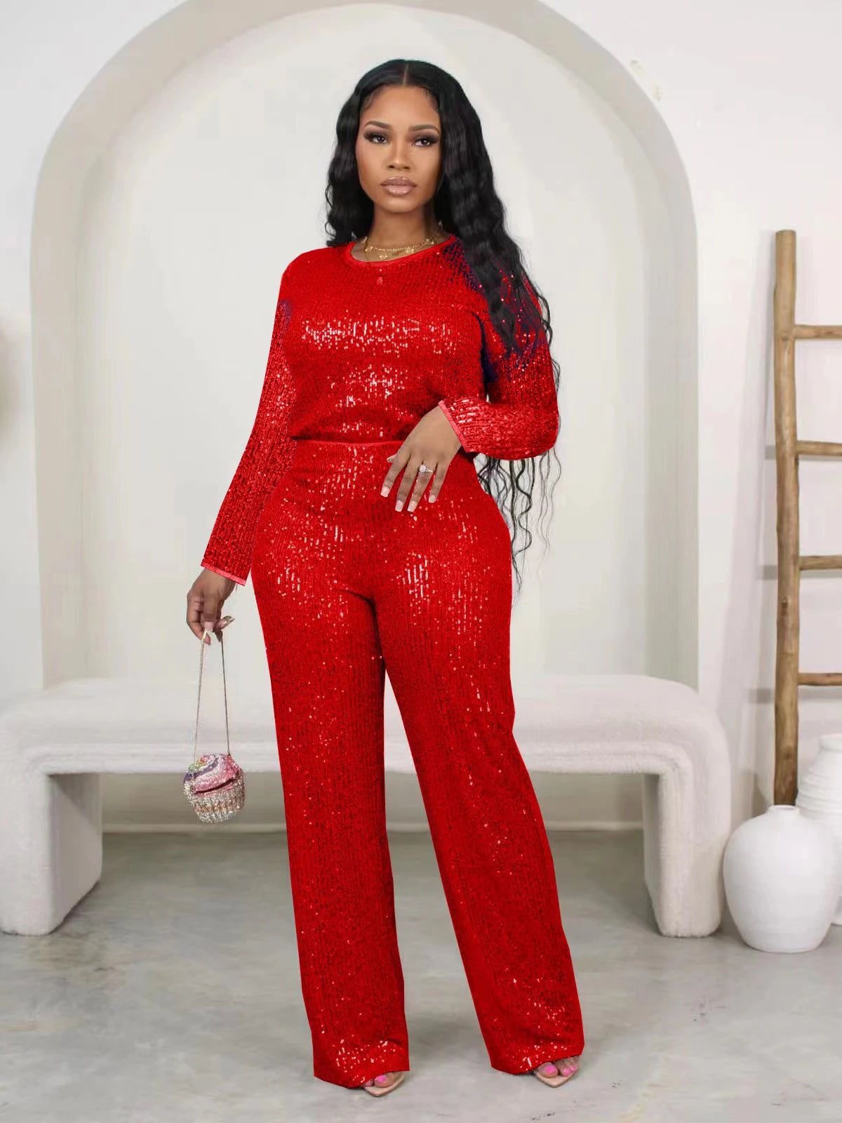 Women's Sequin Top & Wide-Leg Pants Set