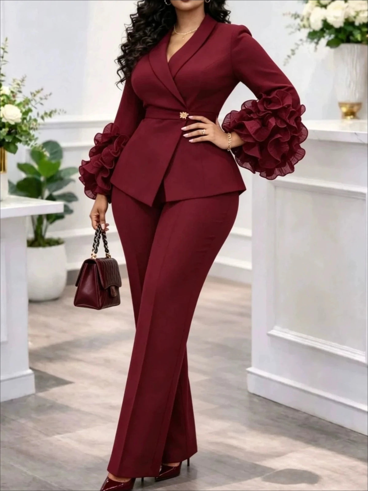 Women's Ruffle Blazer & Straight-Leg Pants Set