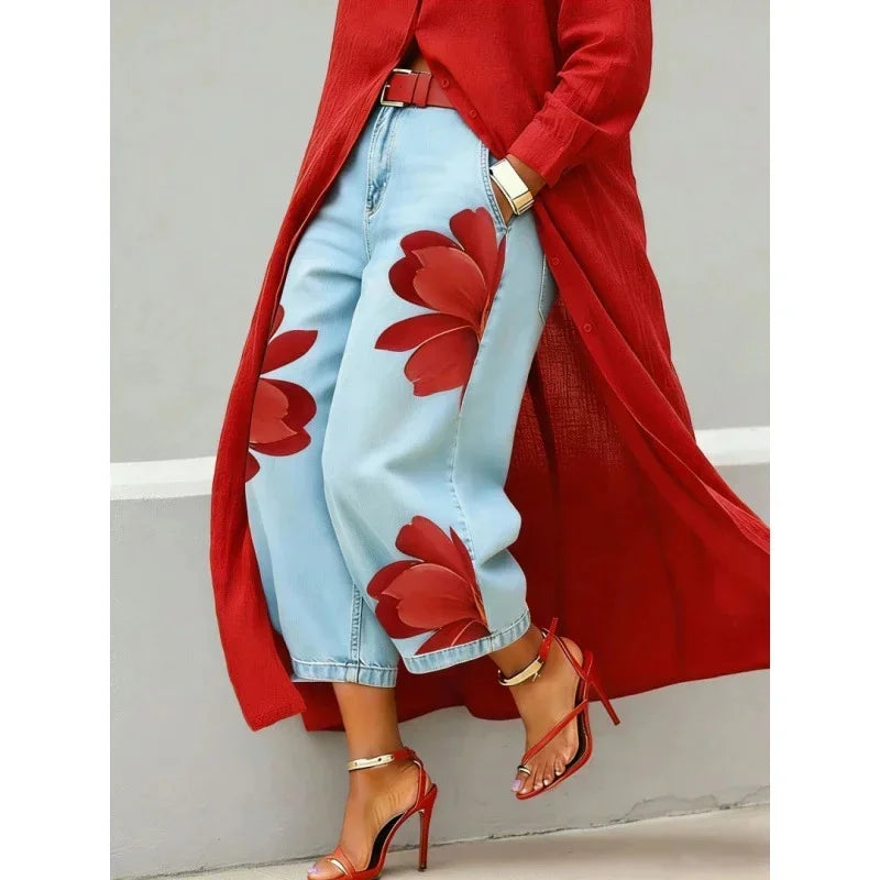 Women's Printed High-Waist Wide-Leg Jeans — product view