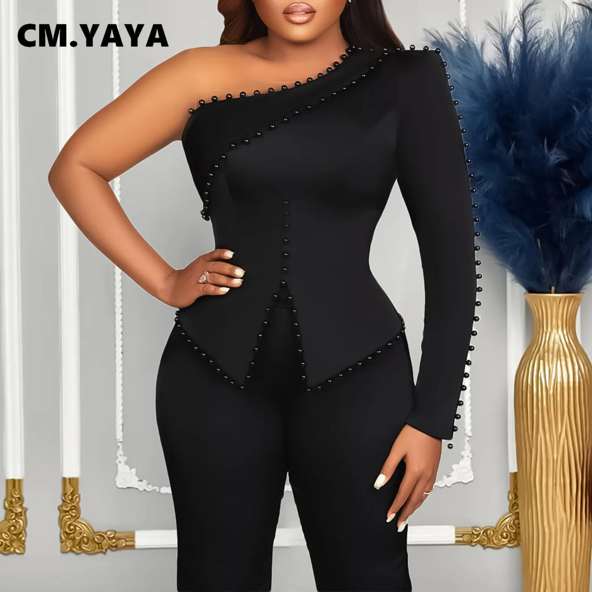Women's Beaded One-Shoulder Top & Pants Set