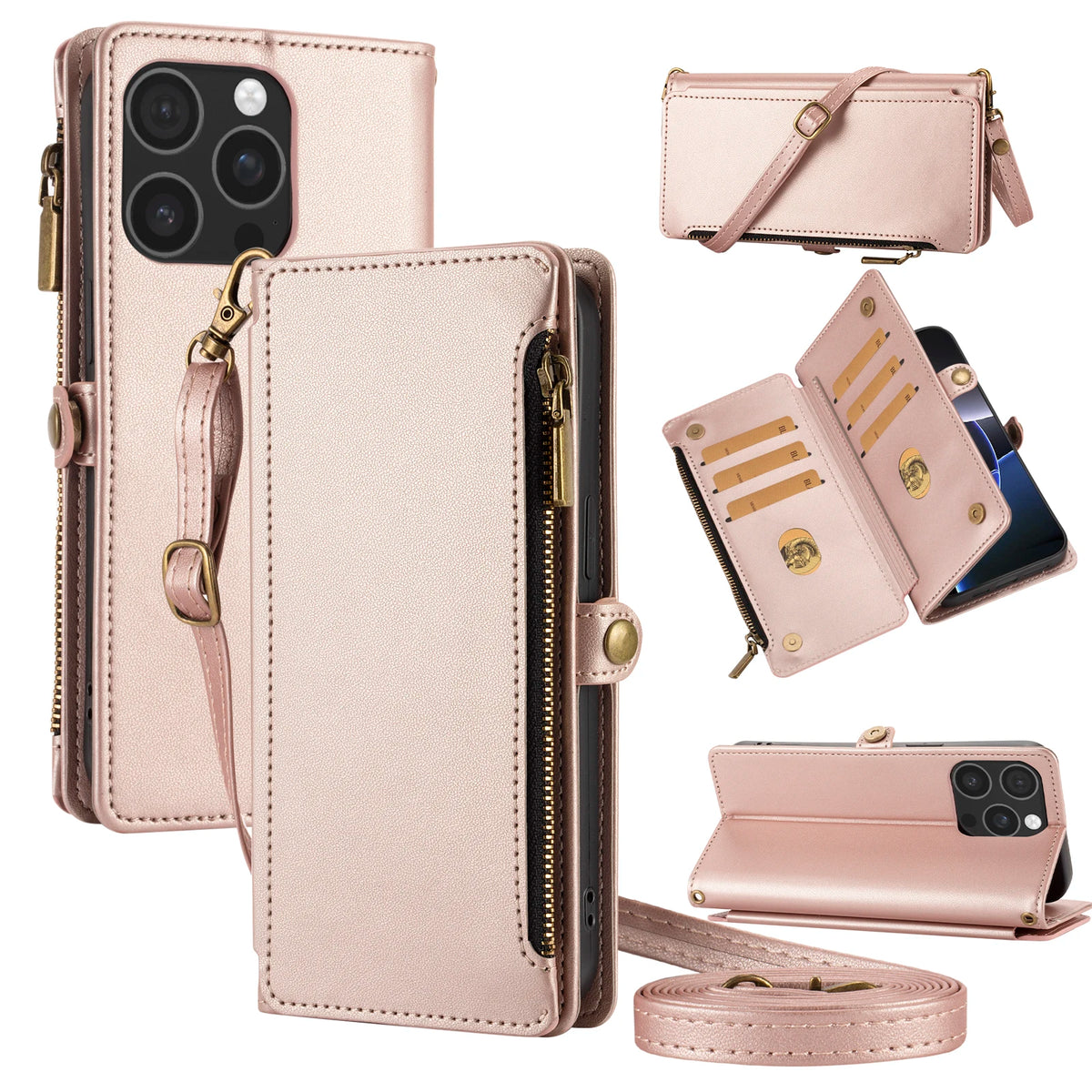 Crossbody Zipper Wallet Phone Case for iPhone 14 Pro Max, iPhone 14 Plus, iPhone 16, iPhone 16 Plus, iPhone 13 Pro Max, iPhone 15 Plus, iPhone 13 Pro, iPhone 14 Pro, iPhone 17 Pro Max, iPhone Air, iPhone 12 mini, iPhone 13 mini & More Models