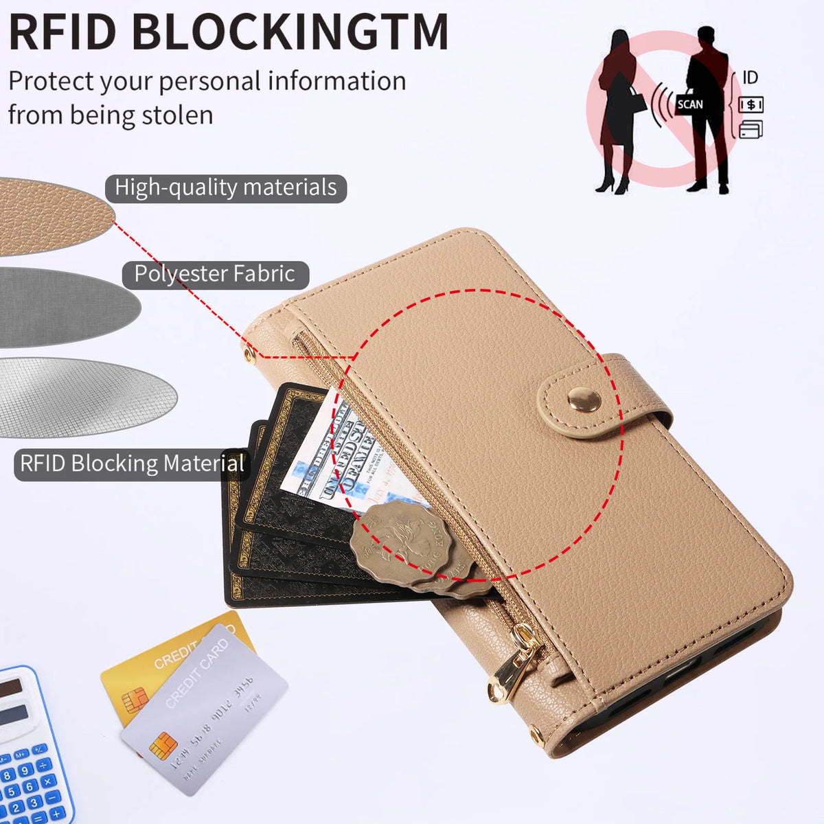 Crossbody Zipper Wallet Phone Case with Mirror for Samsung Galaxy A06, A07, A17, A04, A05, A05s, A57, A56, A55, A54, A50, A42 5G, A41, A30, A53 5G, A52 5G, A52s 5G, A51 4G, A34, A35, A36, A37, A31, A32 4G, A32 5G, A33 5G, A23 5G, A25 & More Models