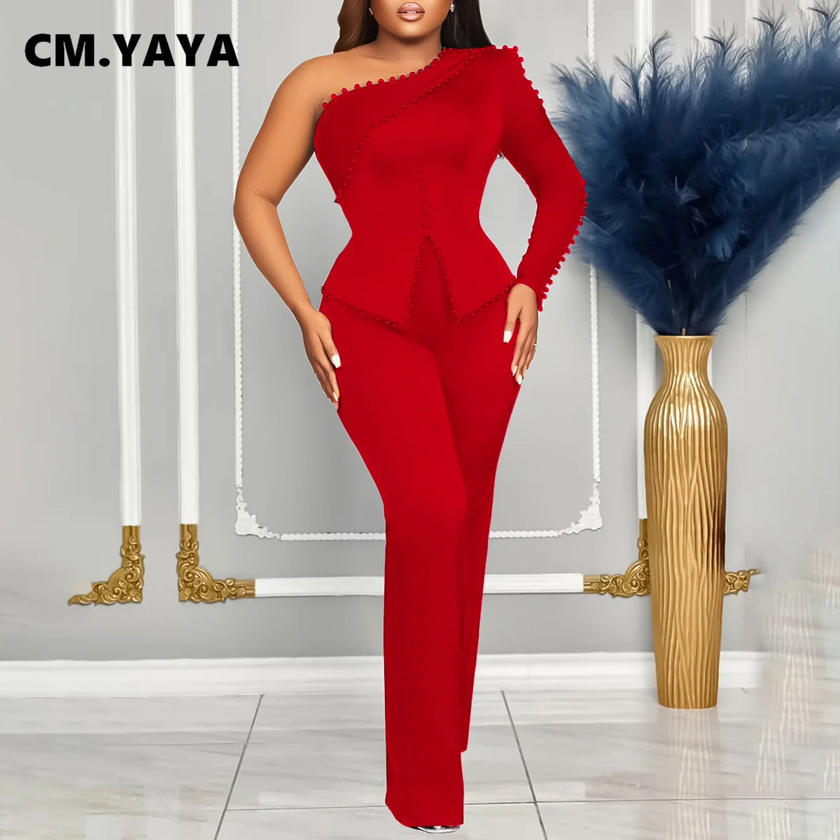Women's Beaded One-Shoulder Top & Pants Set