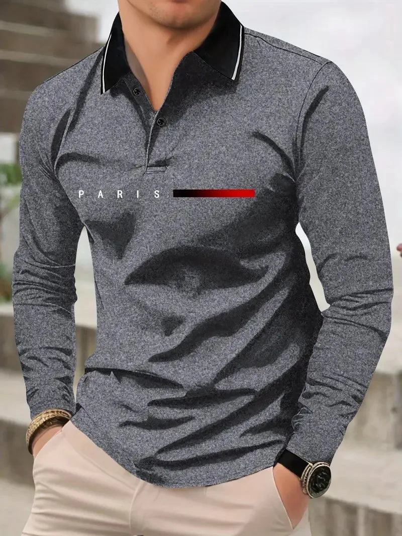 Men's Letter Print Long-Sleeve Polo Shirt