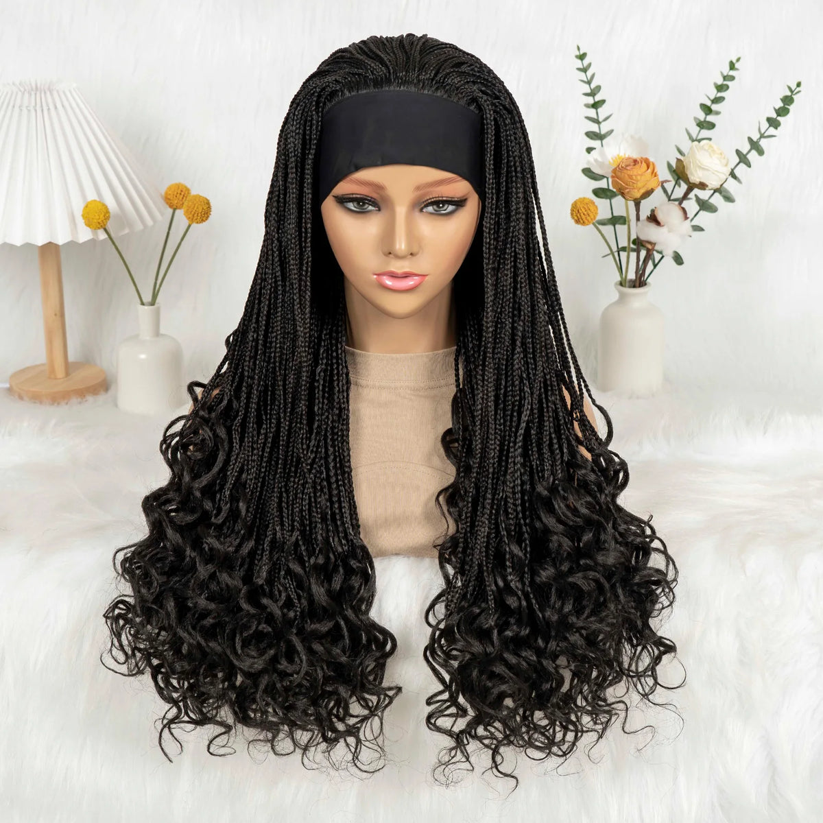 Silk Headband Wig Braided Wig with Curly Ends Headband Wig Knotless - OSASCO