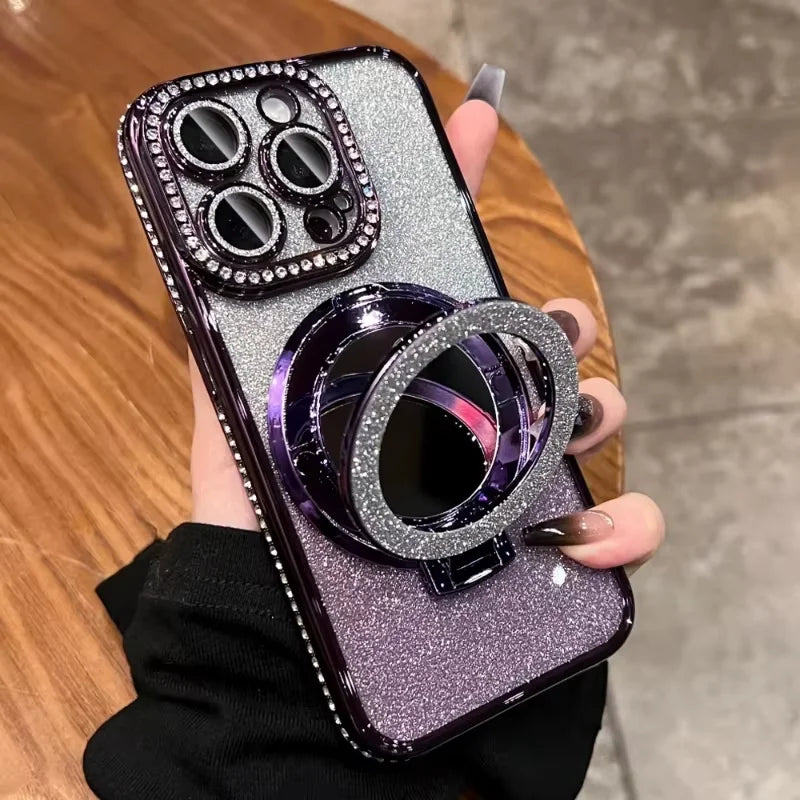 Glitter Magnetic Mirror Phone Case with Stand for iPhone 11 Pro, iPhone 11 Pro Max, iPhone 11, iPhone 14, iPhone 14 Pro, iPhone 13 Pro Max, iPhone 15, iPhone 15 Pro, iPhone 14 Pro Max, iPhone 12 Pro, iPhone 12 Pro Max, iPhone 12 & More Models
