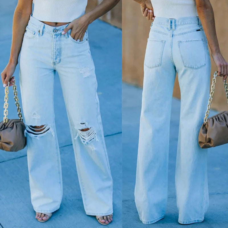 Women's Light-Wash Ripped Straight-Leg Jeans — product view