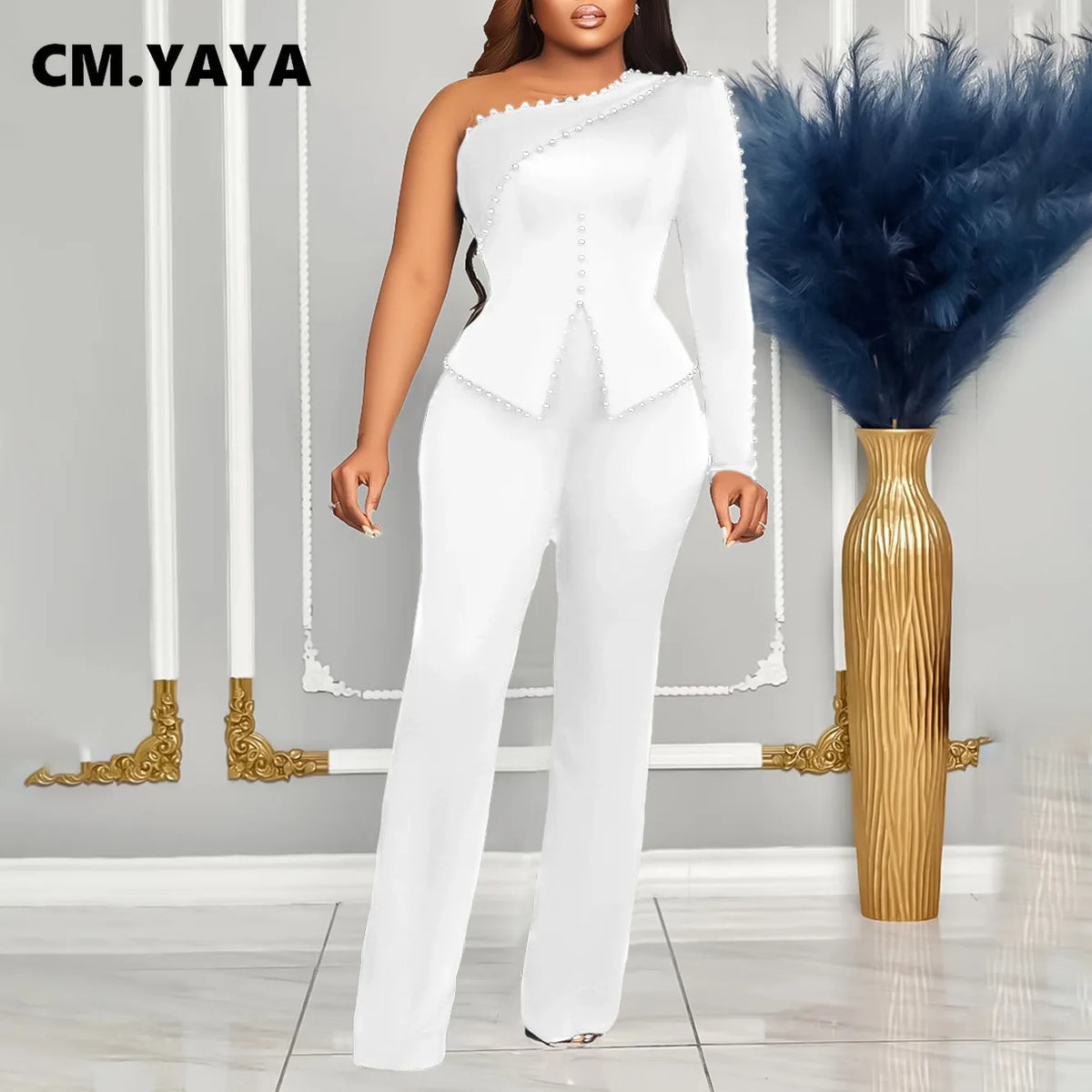 Women's Beaded One-Shoulder Top & Pants Set