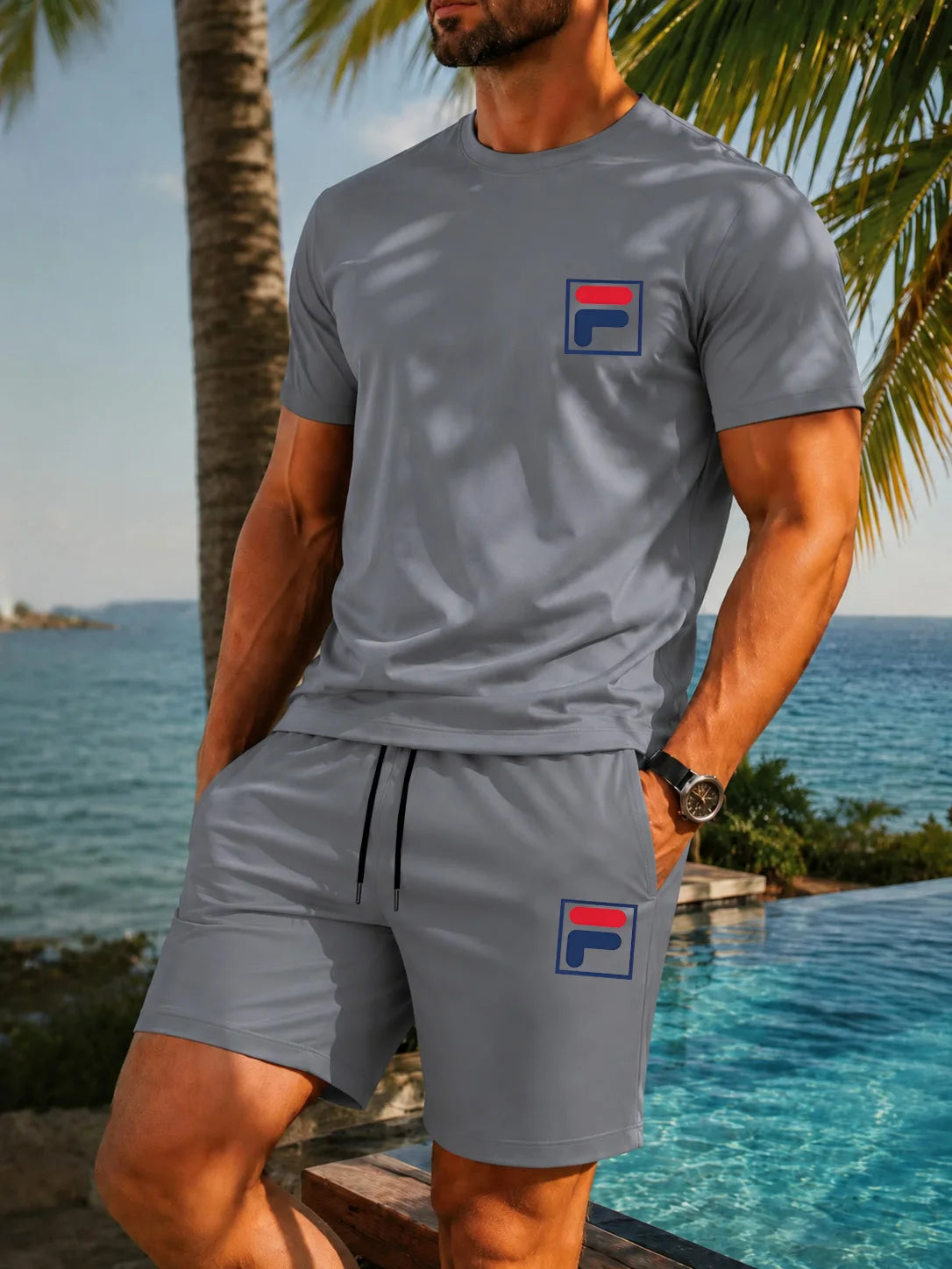 Men's Graphic Print Top & Shorts Set