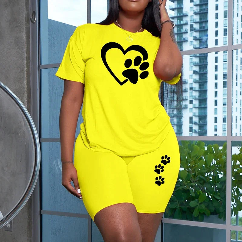 Women's Heart Print Top & Shorts Set