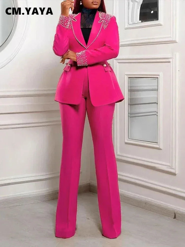 Women's Pearl-Detail Blazer & Wide-Leg Pants Set