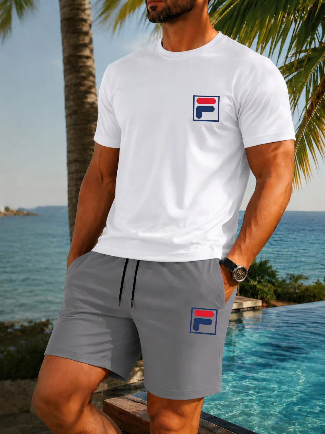 Men's Graphic Print Top & Shorts Set
