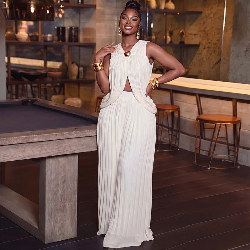 Women's Sleeveless V-Neck Top & Wide-Leg Pants Set