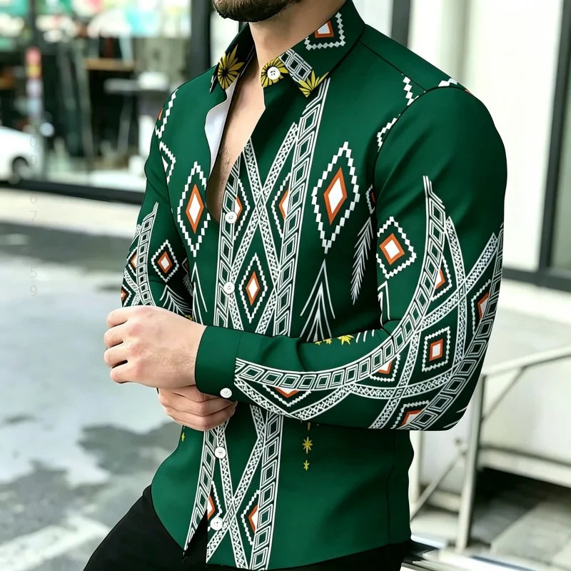 Men's Geometric Print Long-Sleeve Casual T-Shirt
